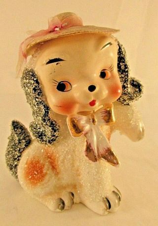 Vintage White Dog Figurine Porcelain,  Sugar Texture,  Hat Nippon Yoko Boeki Co