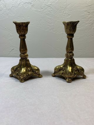 Vintage French Nouveau Brass Candlesticks Holder Pair