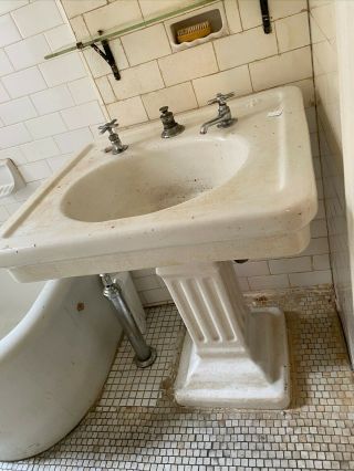 Antique Pedestal Bathroom Sink,  White,  Vintage