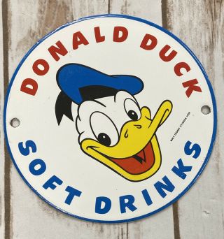 Vintage Donald Duck Soft Drinks 8 " Porcelain Metal Soda Pop Gas Walt Disney Sign