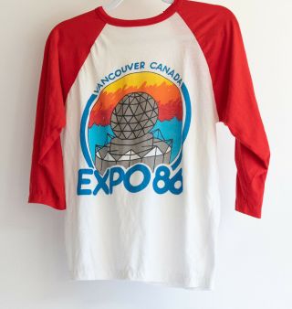 Vintage Expo 86 Vancouver Graphic Souvenir T - Shirt 3/4 Sleeve Adult L Large