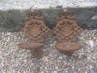 Vintage Cast Iron Wall Sconce Fold Down Candle Holders Ornate With Cherub X 2