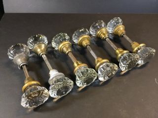Set 6 Vintage 12 Point Crystal Glass Door Knob Set With Brass Spindle