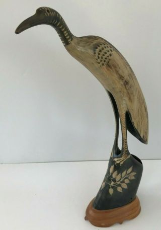 Vintage Hand Carved Bird Figurine Made From A Natural Horn Crane Heron 16 "