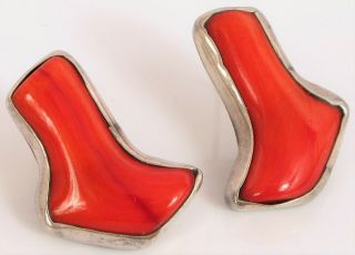 Vintage Sterling Silver Red Coral Mid Century Modernist Earrings Studs