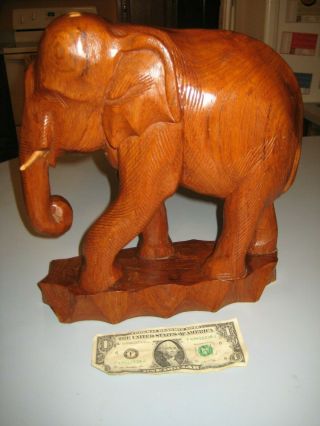 12 1/2” Tall Large Hand Carved Solid Wood Elephant Statue Figure On Base