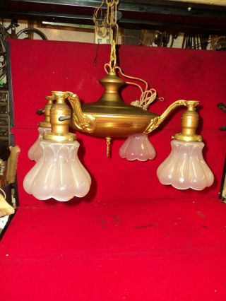 Antique 4 Light Brass Pan Hanging Fixture