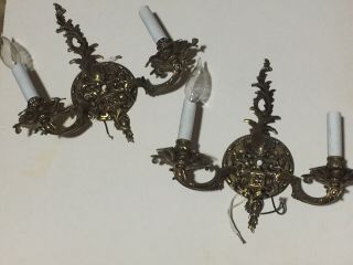 Vtg Pair Ornate Brass 2 Arm Wall Sconce Light Fixture Shabby Chic French Country