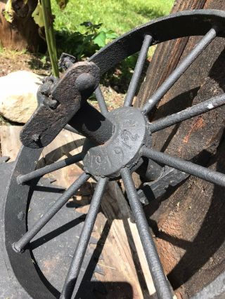 Antique 15 " Cast Iron Wheelbarrow Wheel W/ Axle & Mounting Brackets Pat 1912