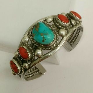 Vintage Sterling Silver Turquoise & Coral Cuff Bracelet By Navajo J.  Kee