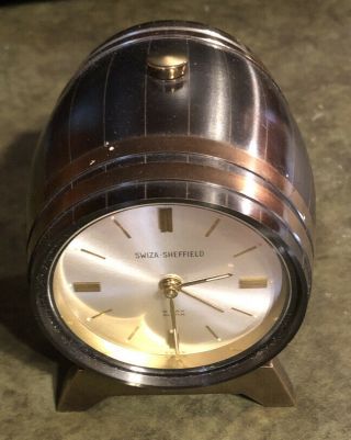 Vintage Swiza Sheffield Travel Alarm Clock 8 Days Barrel Brass Swiss Made