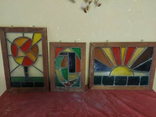 Vintage Art Deco Leaded Stained Glass Artwork 3 Piece Set