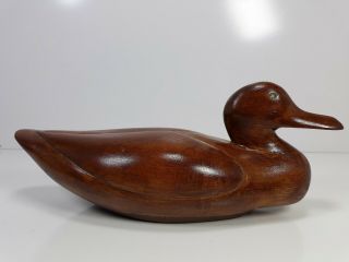 Hand Carved Wooden Duck Decoy With Turquoise Inlay Eyes Signed By Artist