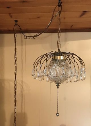 Vintage Hanging Light Fixture With 24 Glass Crystal Hanging Prisms Chain Cord