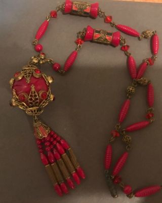 Vintage 1920’s Art Deco Czech Red Glass Enamel Sautoir Tassel Flapper Necklace
