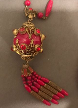 Vintage 1920’s Art Deco Czech Red Glass Enamel Sautoir Tassel Flapper Necklace 2