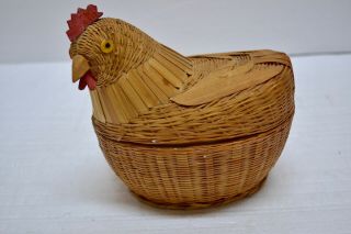 Vintage Woven Basket With Lid Chicken Farmhouse Country