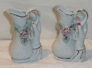 Vintage Ceramic Hand Vases With Pink Roses Flowers - Pitcher