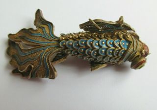 Antique Or Vintage Articulated Fish Pendant Large Silver Gilt & Enamel Cloisonne