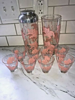 Vintage Hazel Atlas Pink Elephant Barware Set 10 Pc Shaker Mixer (8) Shot Glass