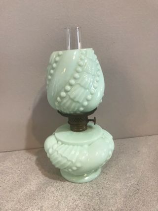 Vintage Small Green Milk Glass Oil Lamp W Hobnail Stripe Pattern Retro