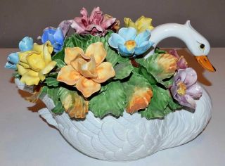 Vintage Floral Swan Porcelain Centerpiece 15 " - Capodimonte - Made In Italy