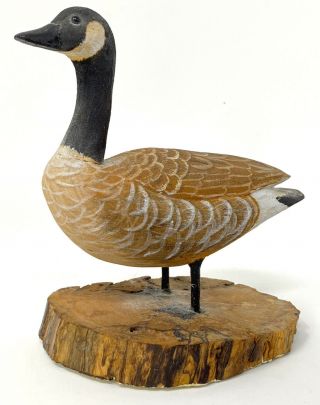4” Hand Carved & Painted Canada Goose On Platform,  Dated 1978