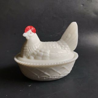 Vintage Westmoreland White Red Milk Glass Nesting Hen Chicken