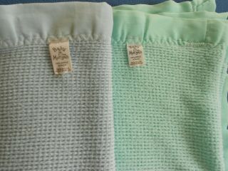 2 Vintage Baby Morgan Blankets Usa.  Green & Blue Thermal Waffle Weave 47x37