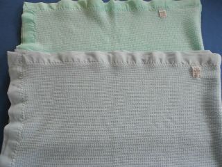 2 Vintage Baby Morgan Blankets USA.  green & Blue thermal Waffle weave 47x37 2