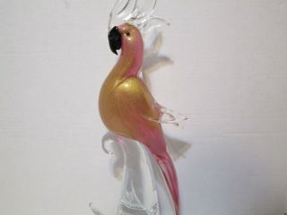 Vintage 16 " Tall Pink Gold Fleck Murano Art Glass Italy Parrot Cockatoo Bird