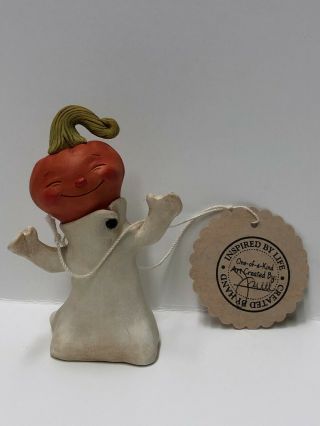 One Of A Kind Hand Formed Clay Whimsical Pumpkin Ghost - Janell Berryman