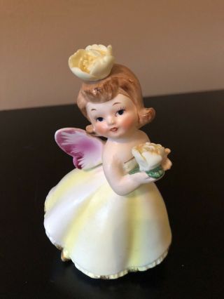 Vintage Porcelain Figurine Girl In Yellow Dress With Butterfly Wings And Flowers