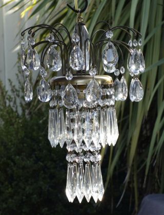 Reserved Vintage Waterfall Fountain Tole Brass Swag Lamp Crystal Chandelier