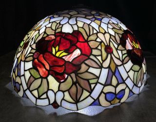 Stunning Vintage Tiffany Style Red Rose Stained Glass Lampshade 16”