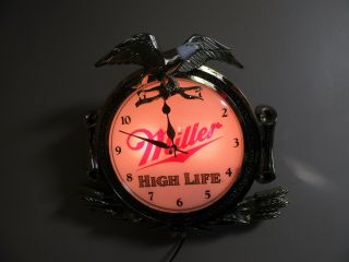 Vintage Miller High Life Electric Light Up Wall Clock Bald Eagle Concave Front