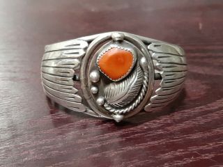 Vintage Navajo Turquoise And Coral Cuff Bracelet Reversible Old Pawn Silver