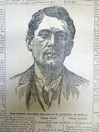 1901 Polish language Milwaukee newspaper w portrait o McKinley assassin CZOLGOSZ 2
