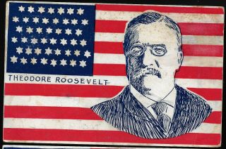 1908 Great Graphics Theodore Roosevelt Cartoon Postcard Usa Flag Bg Part Of Set