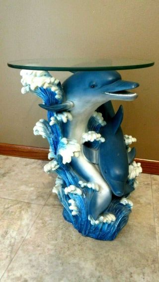 Round Glass & Resin Dolphins Fish Tropical Accent Table Patio/pool Decor
