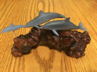 Vintage John Perry Blue Dolphin Sculpture On Burl Wood - Numbered - 1031