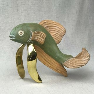 Hand Carved Wood Fish Figurine Sculpture With Brass Fins 11”