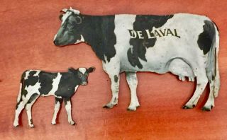 Vintage De Laval Cream Separators Advertising Tin Holstein Cow And Calf Set