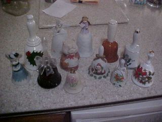 Vintage Group Of 12 Porcelain Bisque Decorative Bells Lefton,  Christmas,  Pig Etc