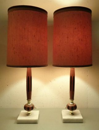 2 Authentic Vtg Mid Century Modern Bedside Table Lamps W/ Shades Pair