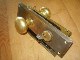 Vintage Brass Yale Keyed Entry Door Mortise Lock,  Knob Set,  Back Plates