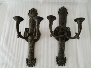 Vintage Pair Ornate Bronze Torch Wall Sconces Fixture Candlestick Holders