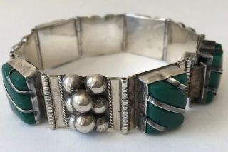 Vintage Taxco Mexico Sterling Silver Carved Green Onyx Panel Bracelet