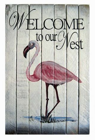 Decorative Signs - Pink Flamingo Wooden Welcome Sign - Tropical Decor