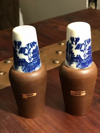 Vintage Japan Blue Willow Salt And Pepper Shakers Ceramic And Wood - Like Resin